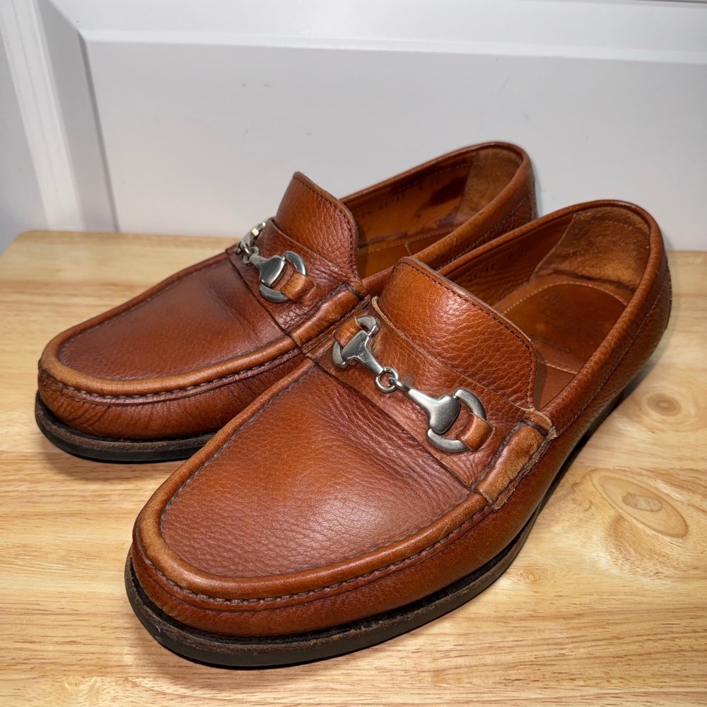 Allen Edmonds Arezzo Mens Cognac Brown Pebbled Leather Bit Loafers 8 EEE 3E